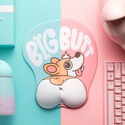 Blue corgi design 3D ergonomic mouse pad with raised wrist support cushion on a desktop.