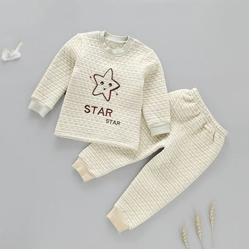 Infant warmer suit in cotton with cartoon stripe pattern and buckle closure in buckle camel colour