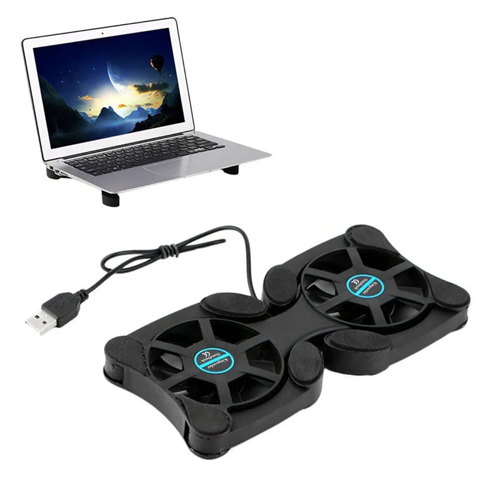 Portable folding cooling base for laptop radiator, black, with two 70mm fans and USB cable, unfolded on surface