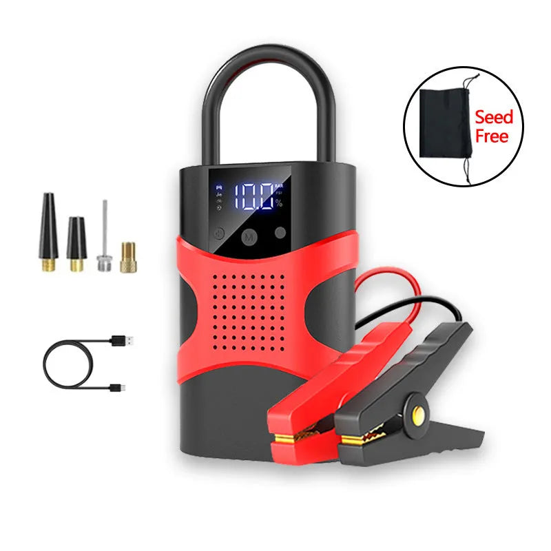 Portable emergency start power source with air pump, digital display, lithium battery, and circuit board protection.