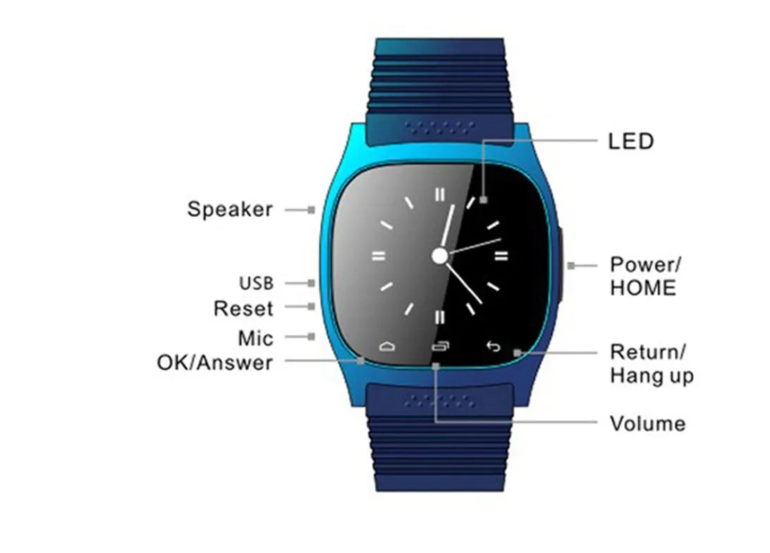 Bluetooth sports watch compatible with iOS and Android in black, white, or blue colours