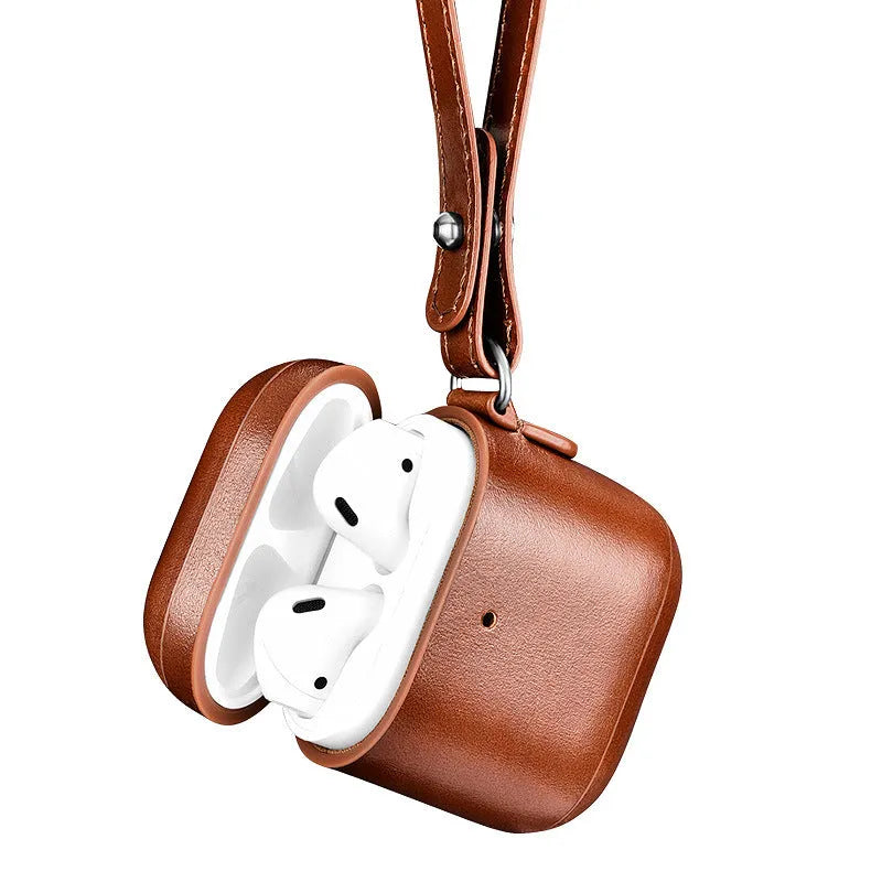 AirPods Pro protective sleeve flip case with ring buckle in brown plastic and leather