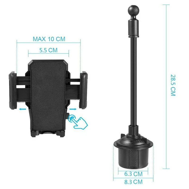 Black car phone mount with adjustable side handles showing windscreen suction cup and air vent clip hook mounting options