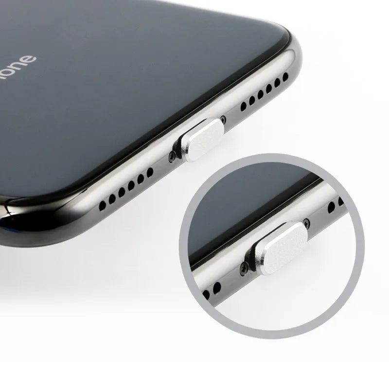 Aluminium alloy dust plug for iPhone Lightning charging port in various metallic colours.
