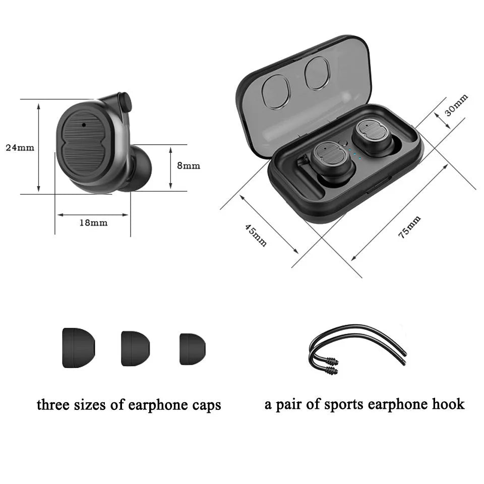 Touch control Bluetooth wireless headset with earbuds in black, white, red, or blue colours
