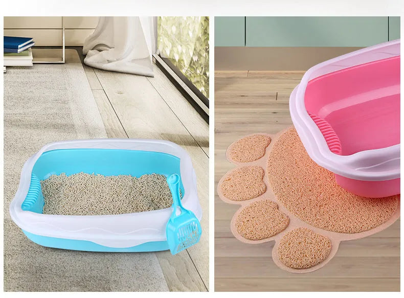 Large blue semi-enclosed thickened plastic cat litter box with cat shovel and optional mat