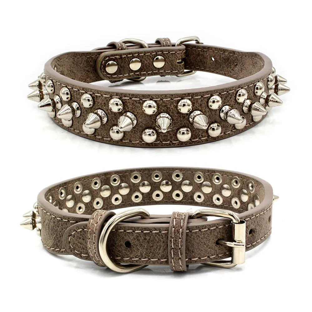Adjustable PU rivet dog collar in multiple sizes from XS to XL, shown in black with silver rivets, on white background.