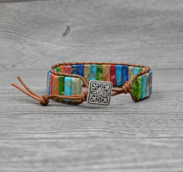 Hand-woven leather bracelet with agate stone, 17cm adjustable button-to-knot ethnic style bracelet