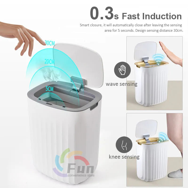 White smart induction trash can with automatic opening lid, shown in a kitchen setting.