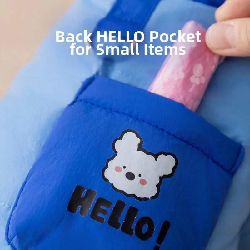 Blue padded dog snowsuit with hood, 'Hello!' bear print pocket and metal leash ring for small dogs and cats.