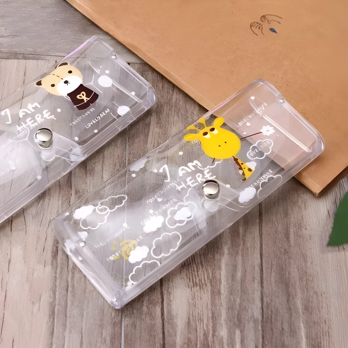 Transparent PVC glasses storage box with cartoon bear design, 15cm long, for spectacle protection