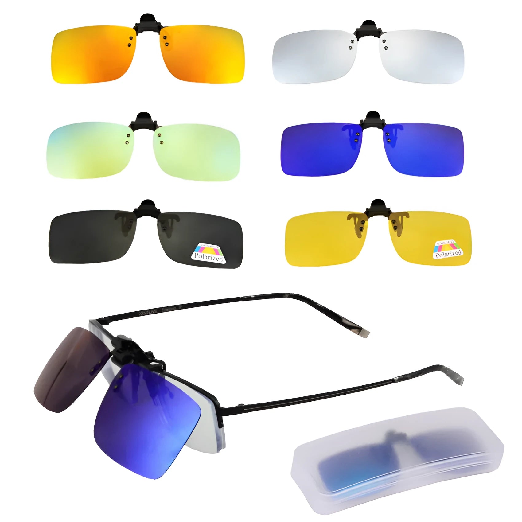 Male square sunglasses clip with black PC frame and resin lens, shown with mirror cloth and storage box
