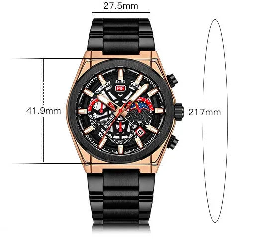 Quartz men's business watch with luminous hands and calendar, 35.5mm dial, mineral glass mirror, stainless steel buckle, black dial