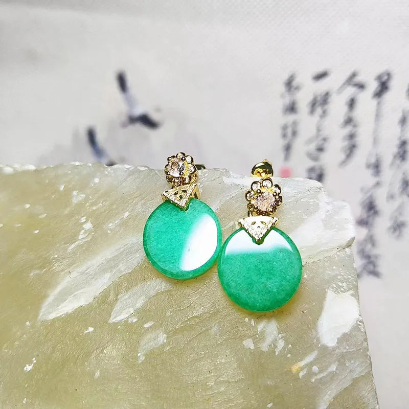 Emerald inlaid jade square women's earrings in quartz rock jade, modern simplicity style
