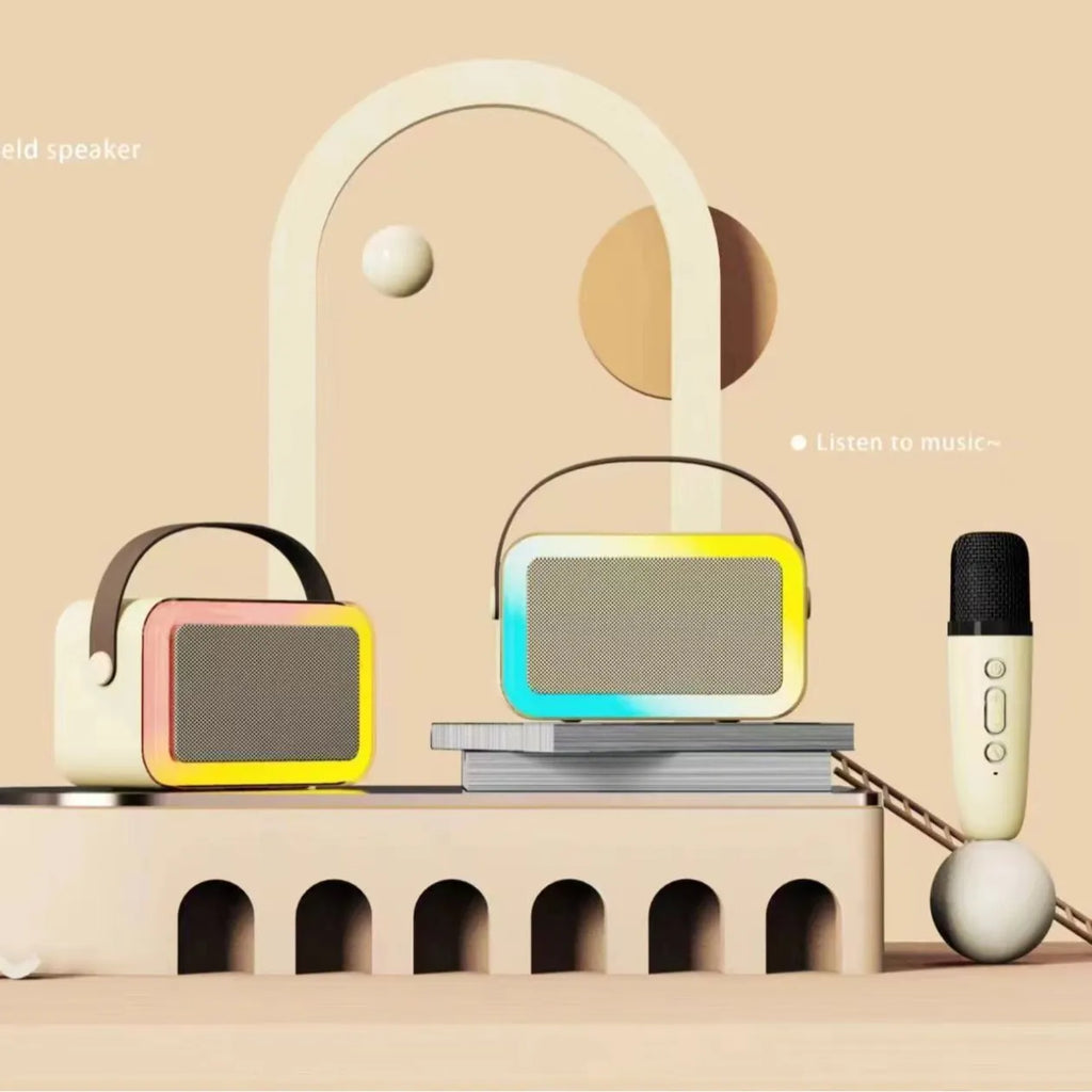 Portable Bluetooth speaker microphone with coloured LED lights in pink, sky blue, or white.