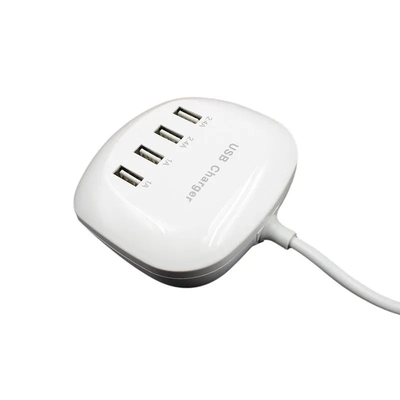 Dual-port USB wall charger with ABS plastic housing showing EU and US plug options