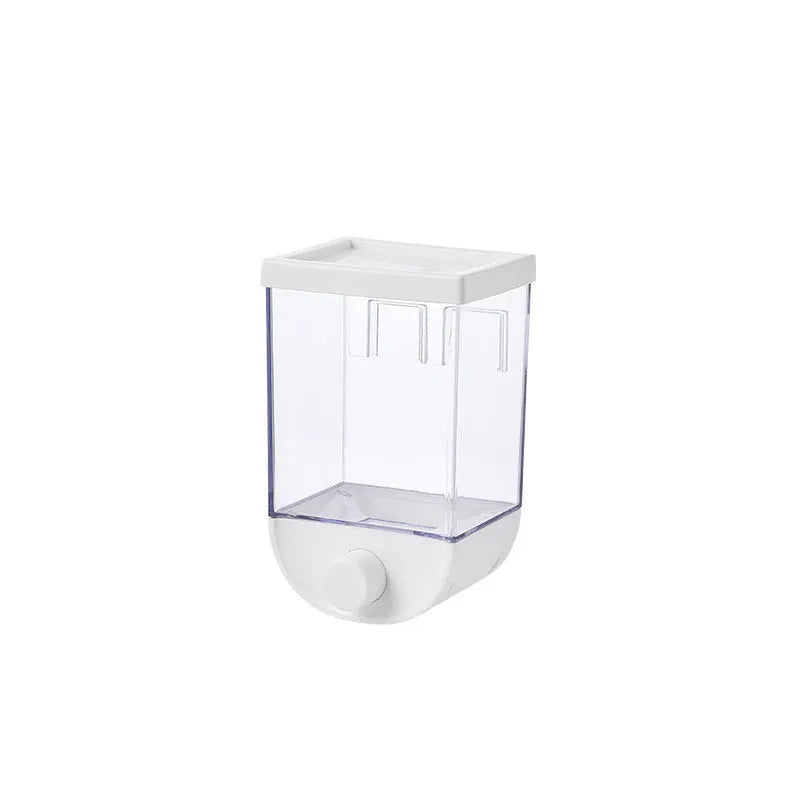 White wall-mounted transparent food storage container with cereal dispenser lid