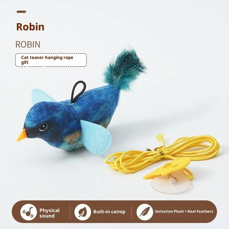 Simulation sound bird pet toy with true feathers in grey blue green colour