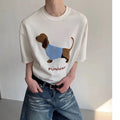 Men's grey cotton T-shirt with a black embroidered sausage dog design on the chest.