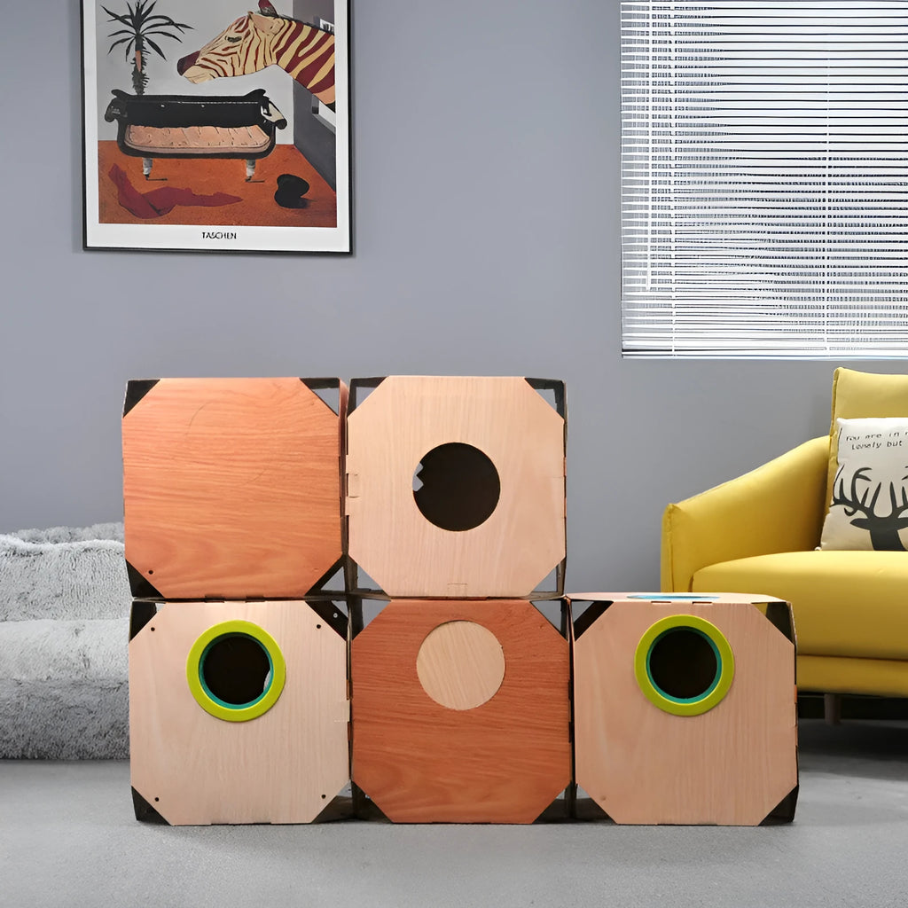 DIY multipurpose cat hiding box with white corrugated cardboard carton, two ABS TPR circles, and a cat scratching board in style A