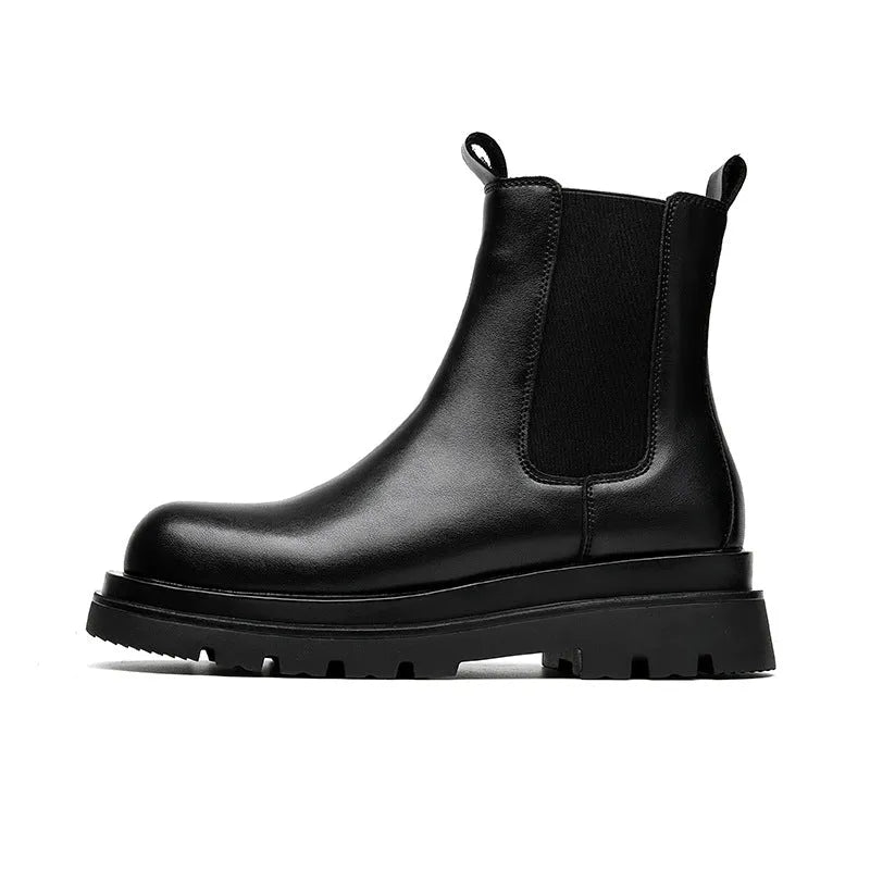 Chelsea men's high-top smoke pipe British Martin boots in Y666 Black with short stout heel and round toe