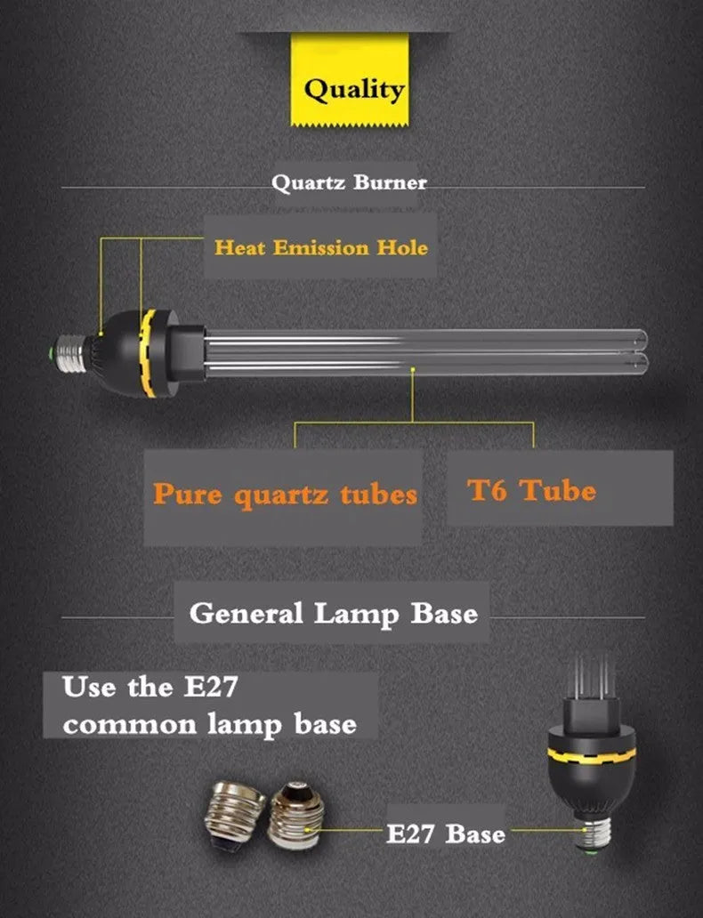 UV disinfection lamp with E27 base, 31-40W 220V, shown with ozone lamp and delay timing base option