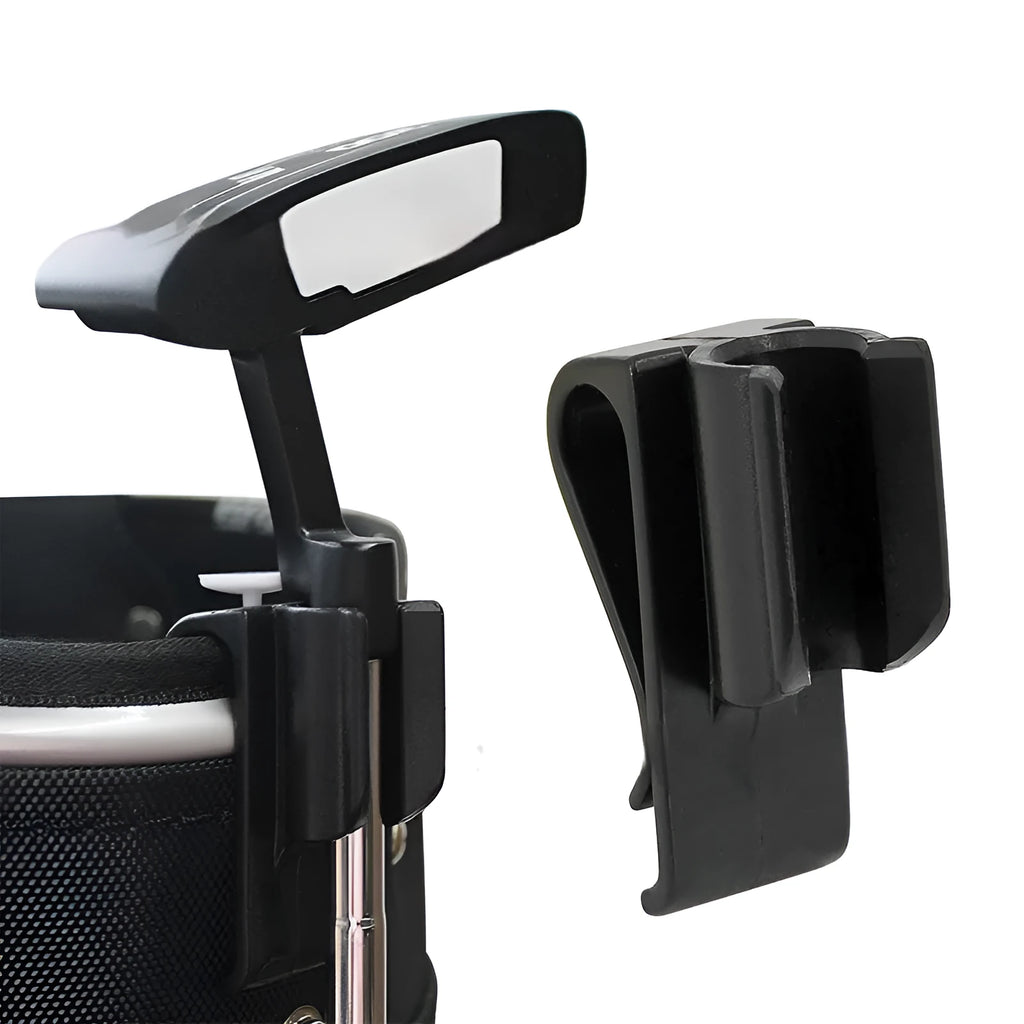 Black ABS plastic golf club clamp holding a golf club shaft