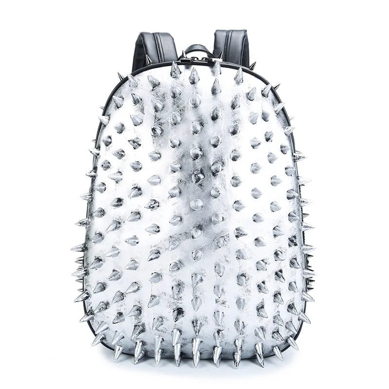 Black punk style women's backpack with air cushion straps and a zippered opening.