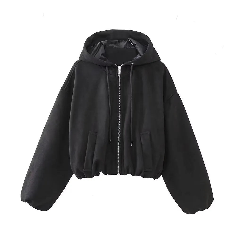 Women's casual suede hooded jacket in black or white colour options