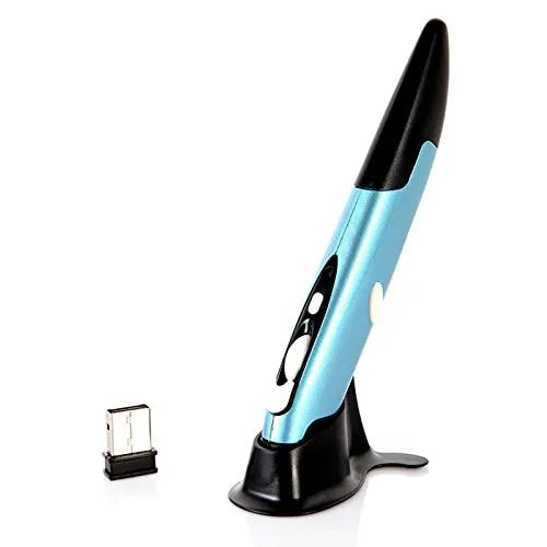 Wireless optical pen mouse in blue pen shape with USB receiver and support stand