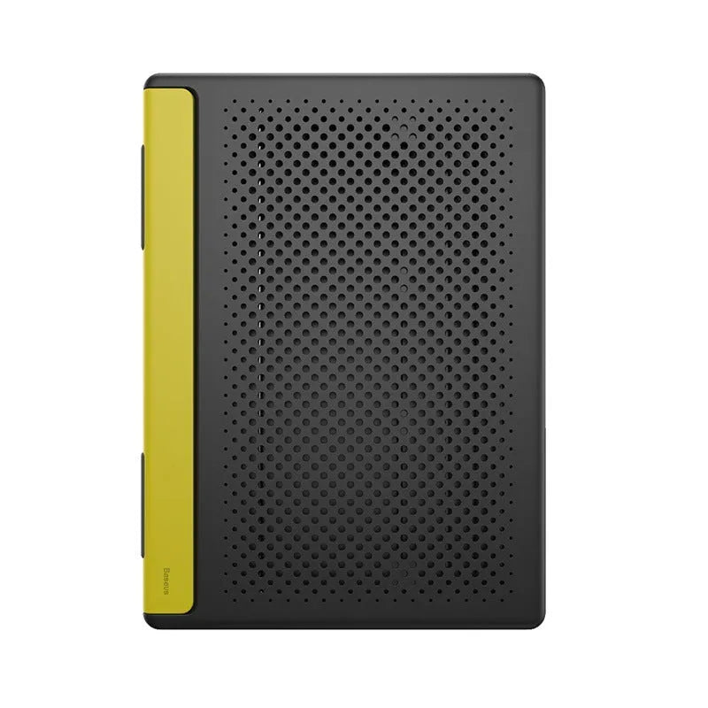 Portable black aluminium notebook stand folded flat next to a laptop