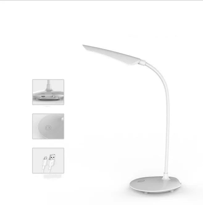 White LED desk lamp with touch control and USB charging on a wooden desk, showing compact 385x120x100mm size