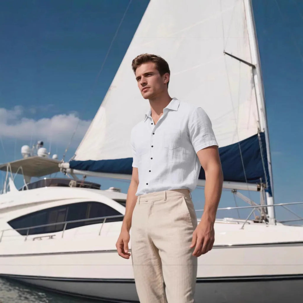 Man wearing a loose-fit grey short-sleeve linen blend shirt for casual leisure.