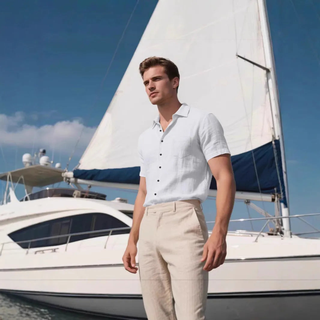 Man wearing a loose-fit grey short-sleeve linen blend shirt for casual leisure.