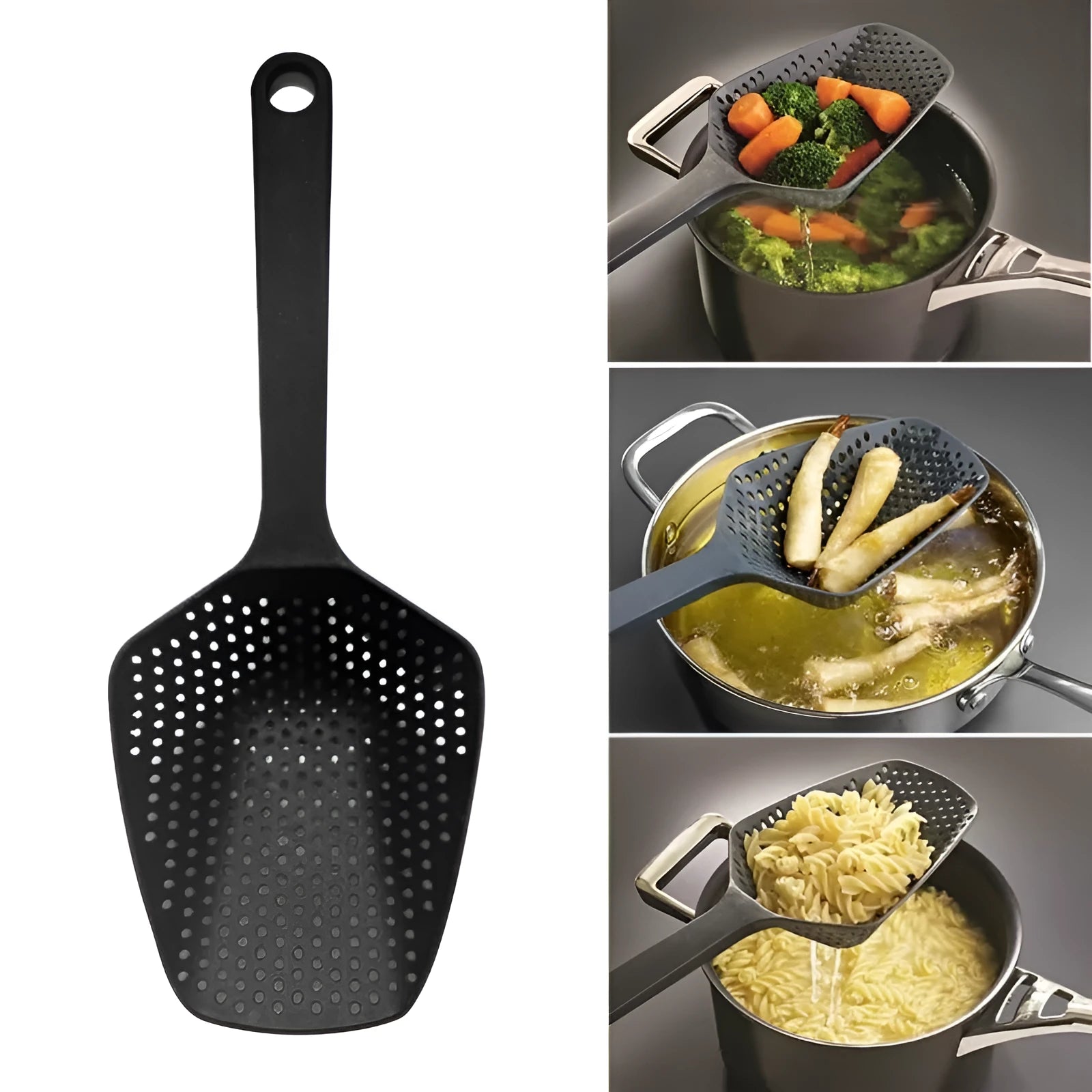 Nylon kitchen strainer with large scoop design for draining fried foods and soup