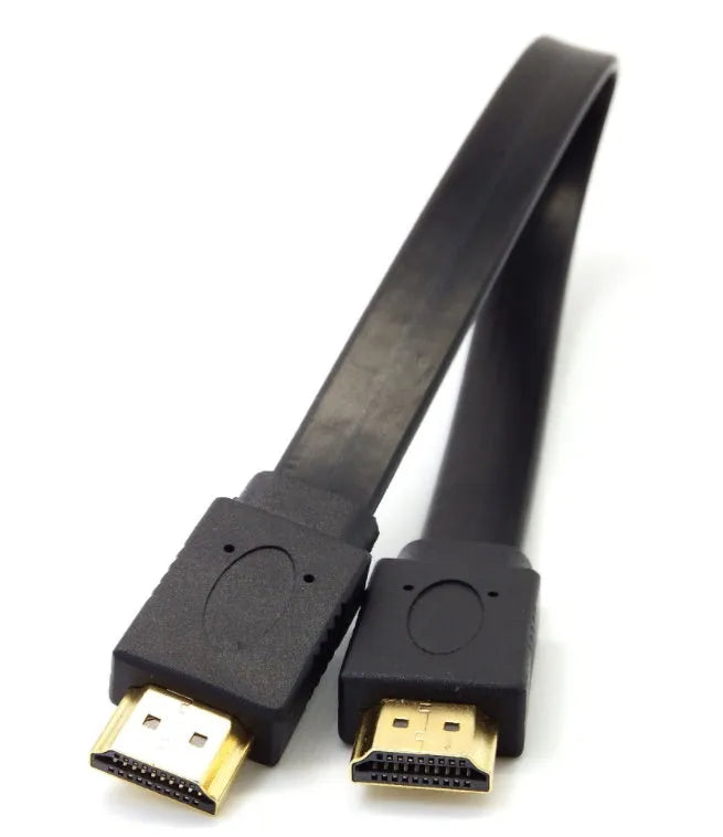 Gold-plated HDMI cable on a white background, showing connector detail.