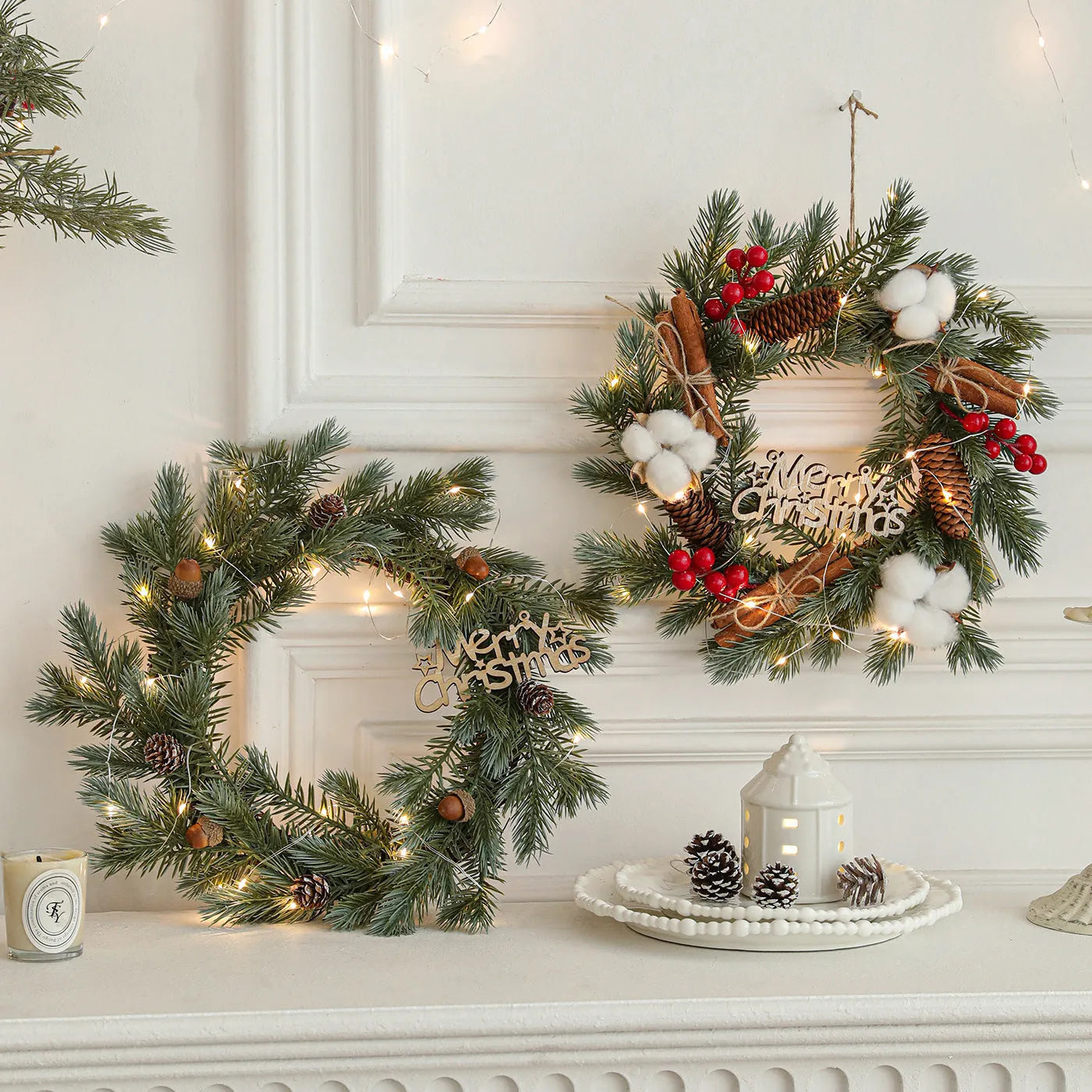 New Christmas rattan plaited garland with bell, bow, and Stranvaesia davidiana berries in light luxury style on a dark background