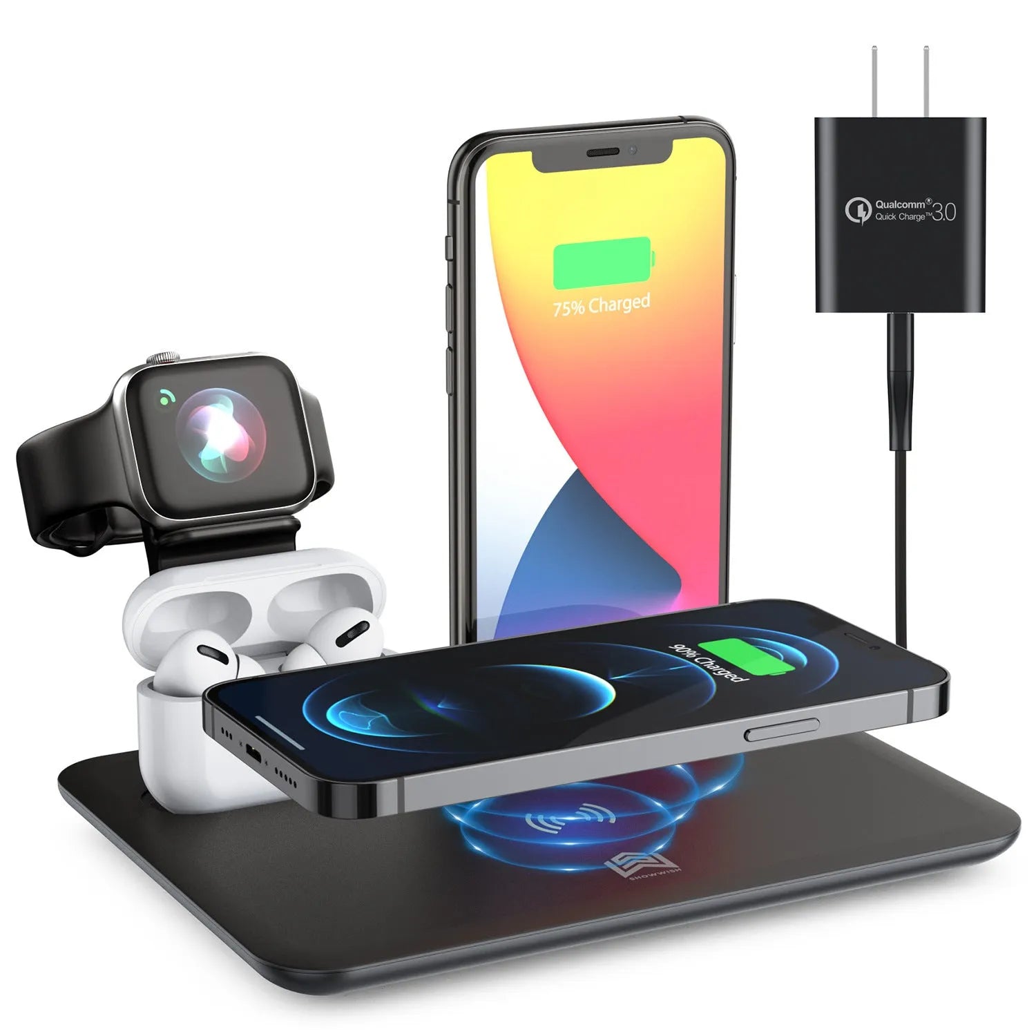 Black desktop wireless charging station with phone on pad, watch and headphone cables plugged in.