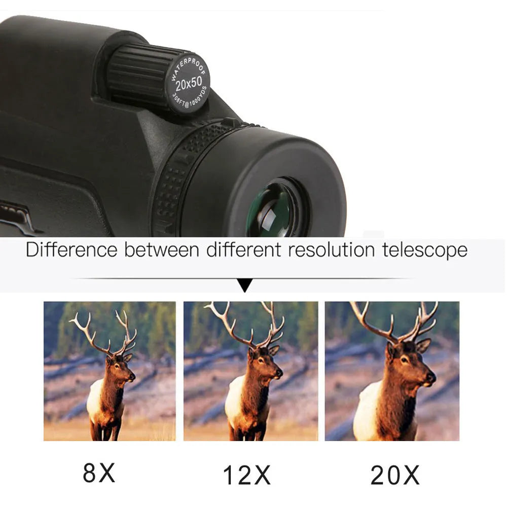 Black 20x50 monocular telescope with 12x magnification and 50mm objective lens