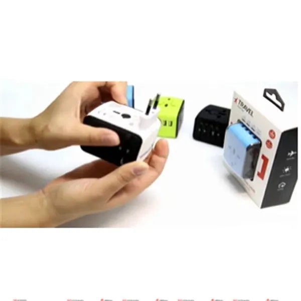 Multi-function travel socket adapter with USB, PC shell, 66x53x52mm, black