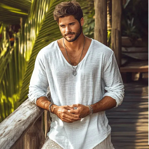 Beige V-neck slim fit long-sleeved t-shirt on hanger showing front view
