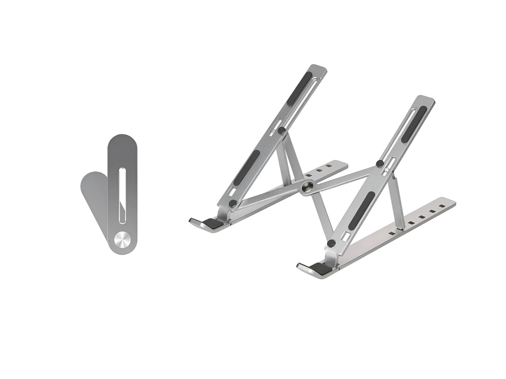 Silver cooling folding computer stand made of aluminium alloy and silicone pads for laptops under 16 inches