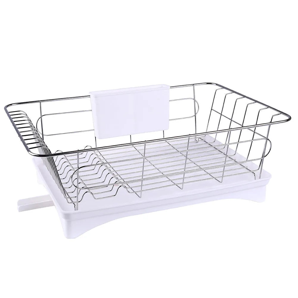 Black stainless steel dish drying rack with cutlery holder and drainboard on a kitchen counter.