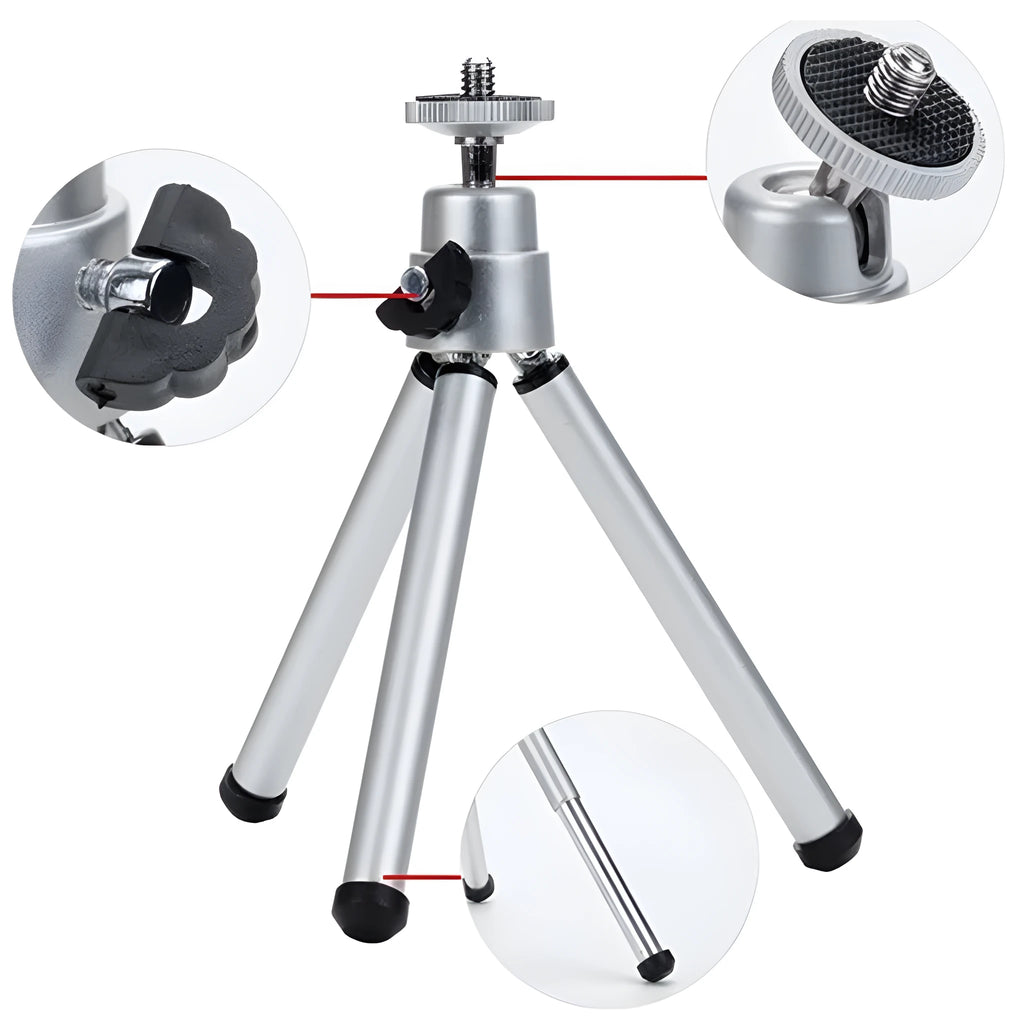 Mini flexible aluminium desktop tripod with ball head extended, alongside a universal U-shaped black phone clip.