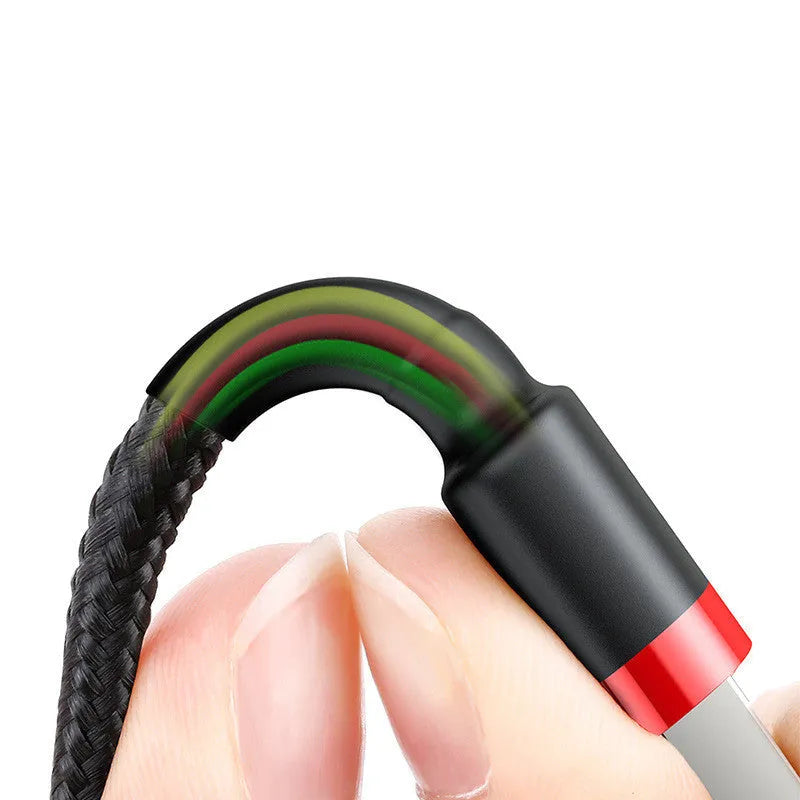 Braided nylon Lightning charging cable for iPhone in red and black colour option, showing 1m length.