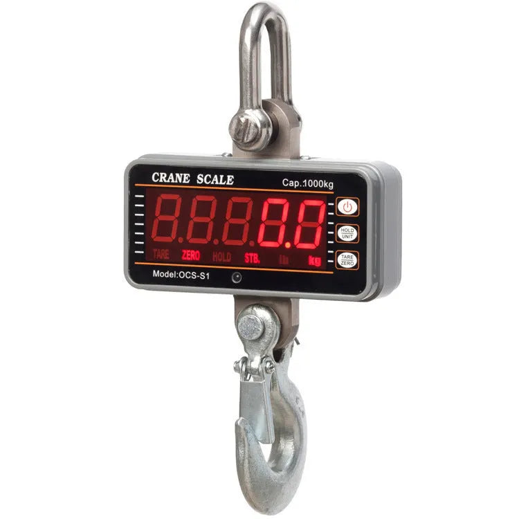 Orange digital display electronic crane scale with hook for 500 kg heavy-duty weighing.