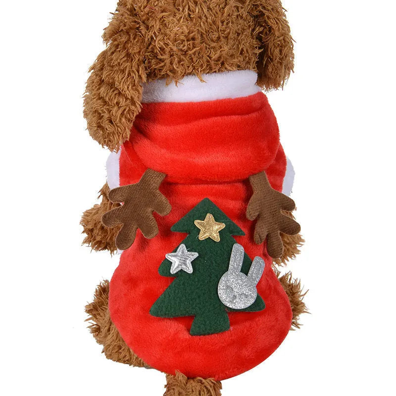 Red flannel Santa dog costume for small dogs, with size options from XS to 2XL. Folded product shown on white background.