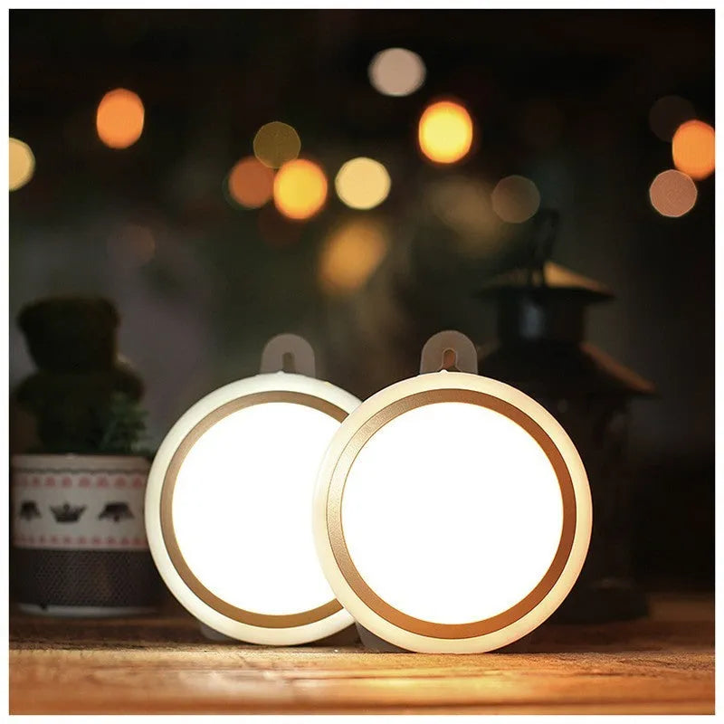 Circular white motion sensor LED night light showing diameter of 80mm with infrared sensor and five LEDs visible