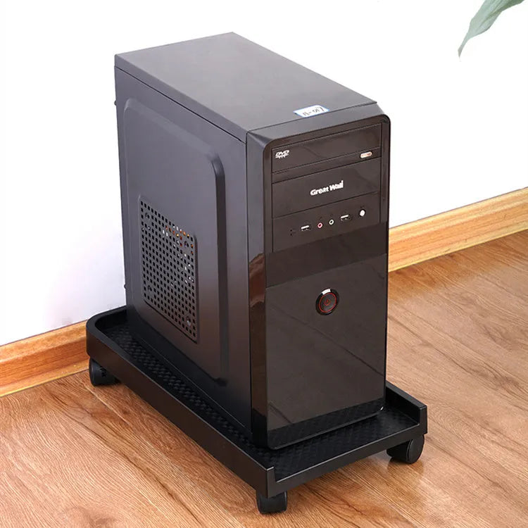 Orico black metal desktop computer CPU floor stand with wheels and three-sided baffle on a tiled floor