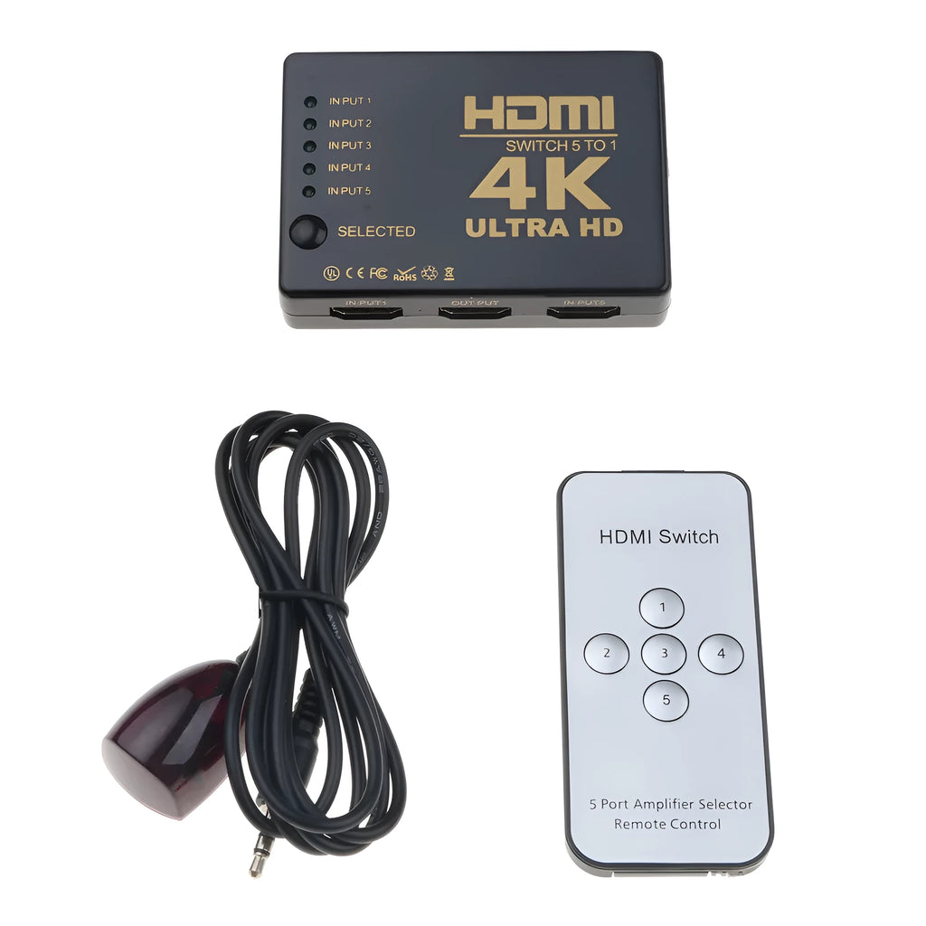 Black 5-in-1 HDMI switcher with remote control suitable for HDTV and high-definition devices